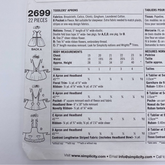 Simplicity 2699 Toddlers Aprons Sewing Patterns - Picture 4 of 6